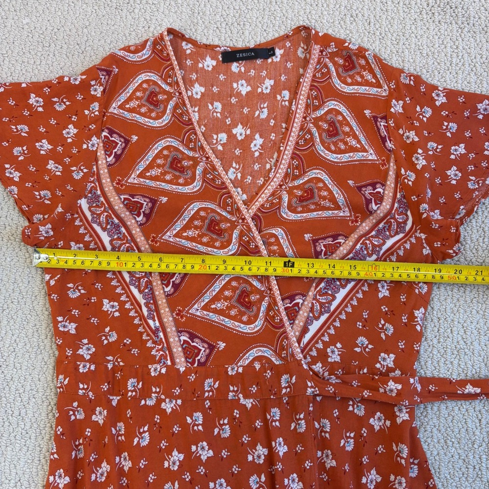 Bohemian‎ Floral Wrap Maxi Dress, Size Large Rust Orange Paisley Hippie Prairie - Picture 9 of 16